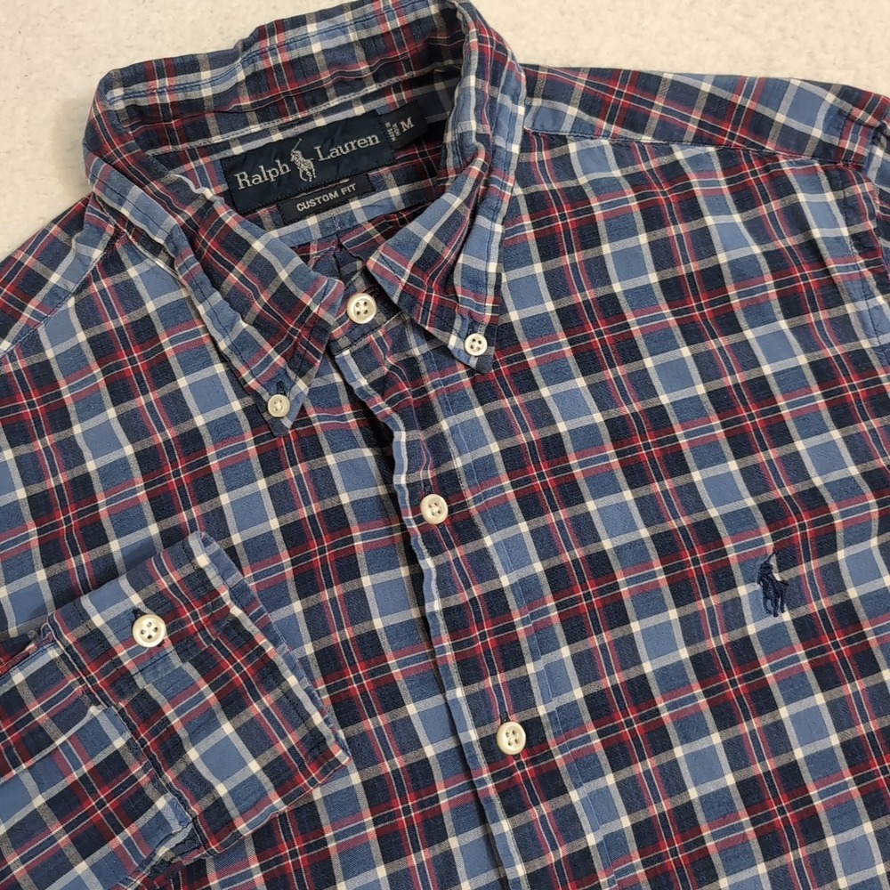 Ralph Lauren Shirt Mens M Red Blue Plaid Long Sleeve Button Down Custom fit